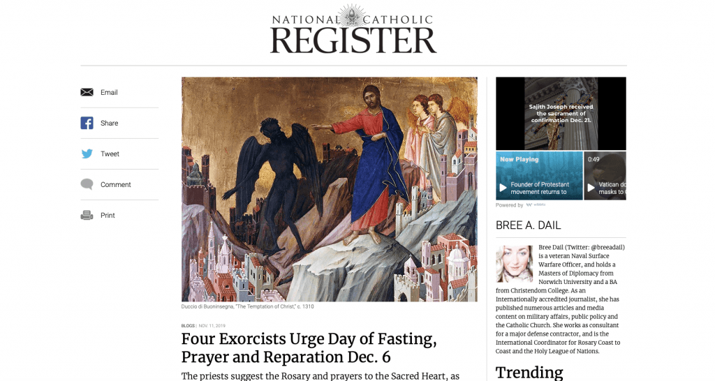 'Four Exorcists Urge Day of Fasting, Prayer and Reparation Dec. 6' by Bree Dail, National Catholic Register.